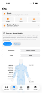 Body screen: weekly streak, badges, and training partners above a full per-muscle freshness map, plus the on-device Apple Health connect card