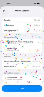 Workout Complete screen: two personal records, total volume, and a First Session badge earned