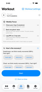 Today screen: weekly ring, Weekly Focus quests, and a live recovery check-in, before tapping Start